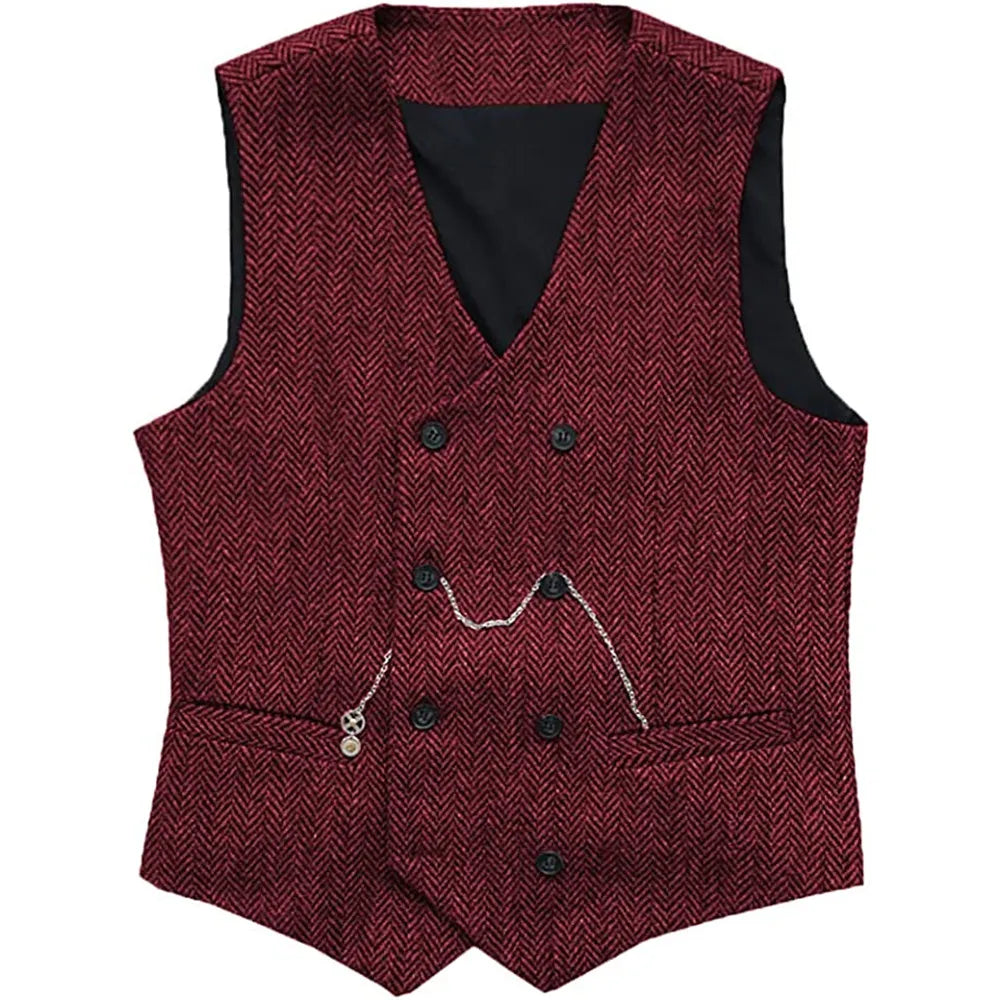 V Neck Men's  Suit Vests Herringbone Wool Tweed Double Breasted Waistcoat Tuxedo Groomsmen For  Wedding