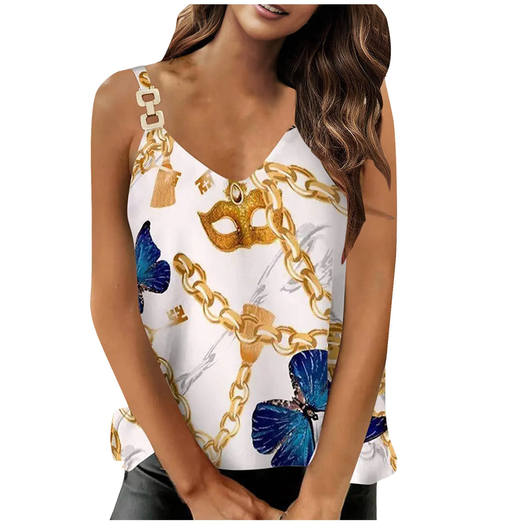 Women'S Summer Trendy Loose Fit Chain Strap Tank Tops V-Neck Camisole Sleeveless Vest With Floral Printed Women'S Cropped Y2k