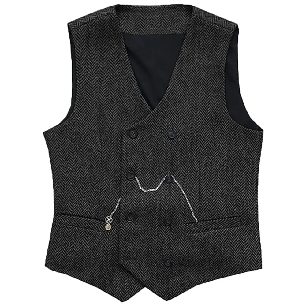 V Neck Men's  Suit Vests Herringbone Wool Tweed Double Breasted Waistcoat Tuxedo Groomsmen For  Wedding