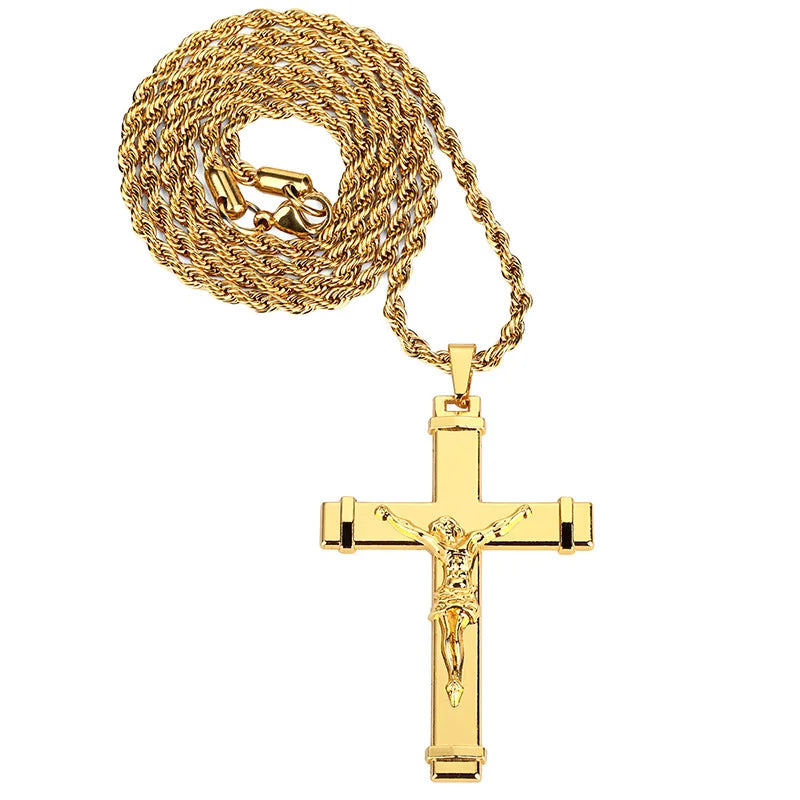 High quality 24K Gold Plated Jesus Christ Cross Pendant Hip hop Rap Golden Crucifixio Cuban Chain Necklace Men Jewelry