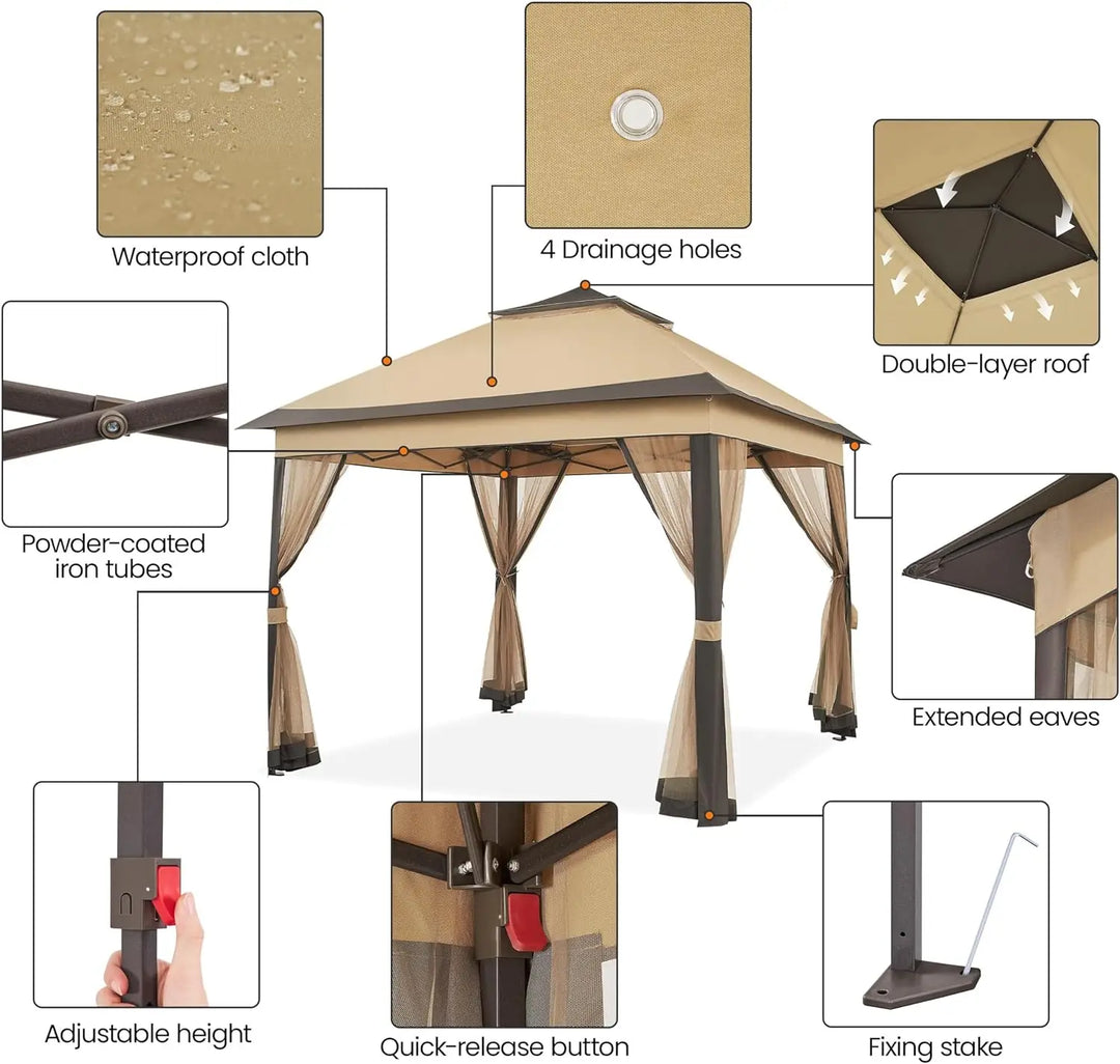 11x11 / 11x13 Gazebo Outdoor Canopy Shelter, Instant Gazebo Sun Shade Canopy Tent with 4 Sandbags, Double Tiers & Mesh Netting