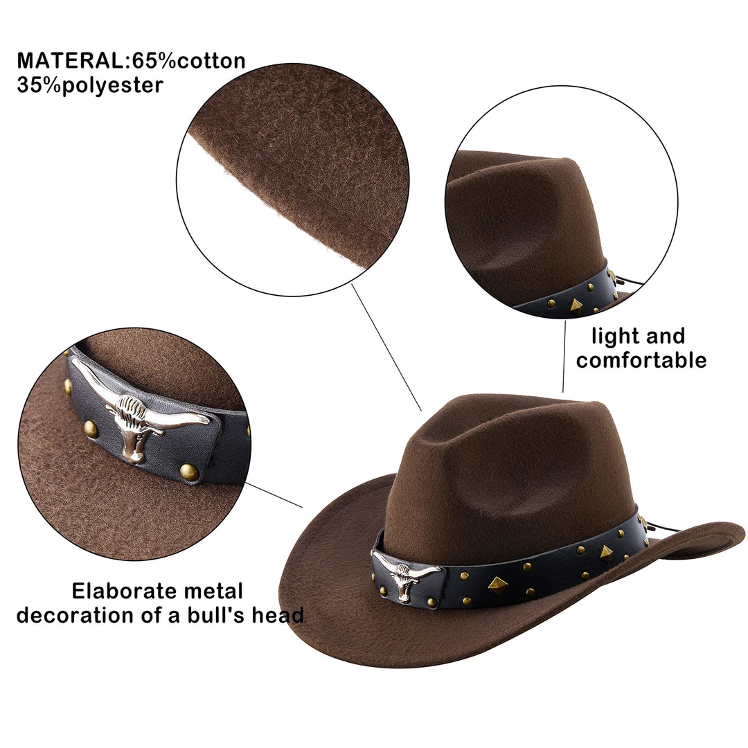 Fashion Western Cowboy Hats Women Men Metal Cow Head Decor Cowgirl Hat Casual New Party Halloween Dress Up Hats Headwaer Gifts