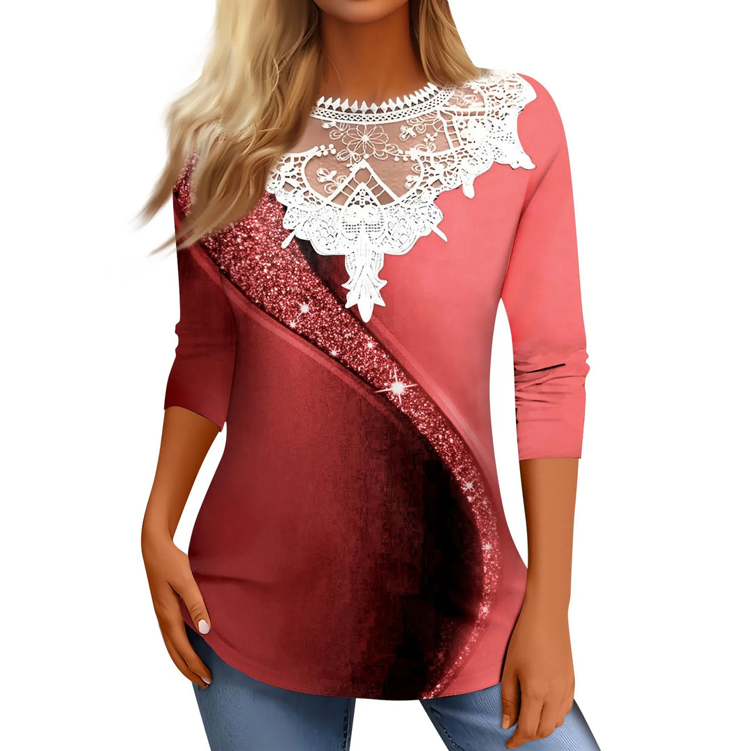 Women's Lace Stitched T-shirt Long Sleeve Tunic Loose Tops Casual Retro Gradient Print Lace T-shirt Street Tops 2024 New