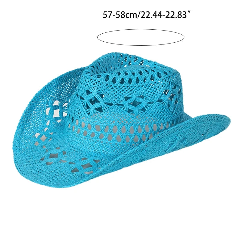 Western Crochet Cowboy Straw Hat Women Men Casual Handmade  Hollow out Cowgirl Hat Solid Color Outdoor Wide Brim Beach Cap