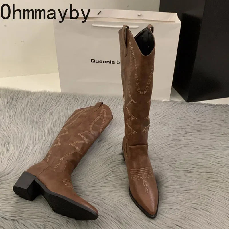 Women Cowboy Boots Fashion Square Low Heel Ladies Elegant Slip On Long Booties Winter Pointed Toe Women's Footwear