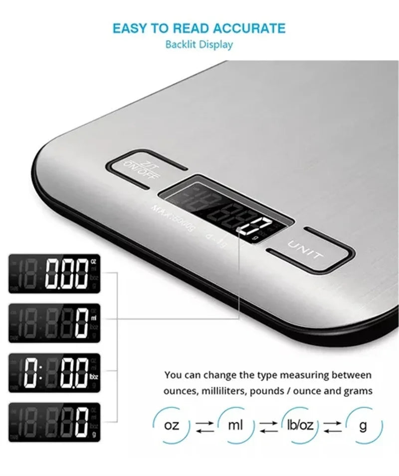 Digital Kitchen Scale 5kg/10kg Stainless Steel Panel USB Charg Precise Small Platform Scale Portable Multifunction LCD Display