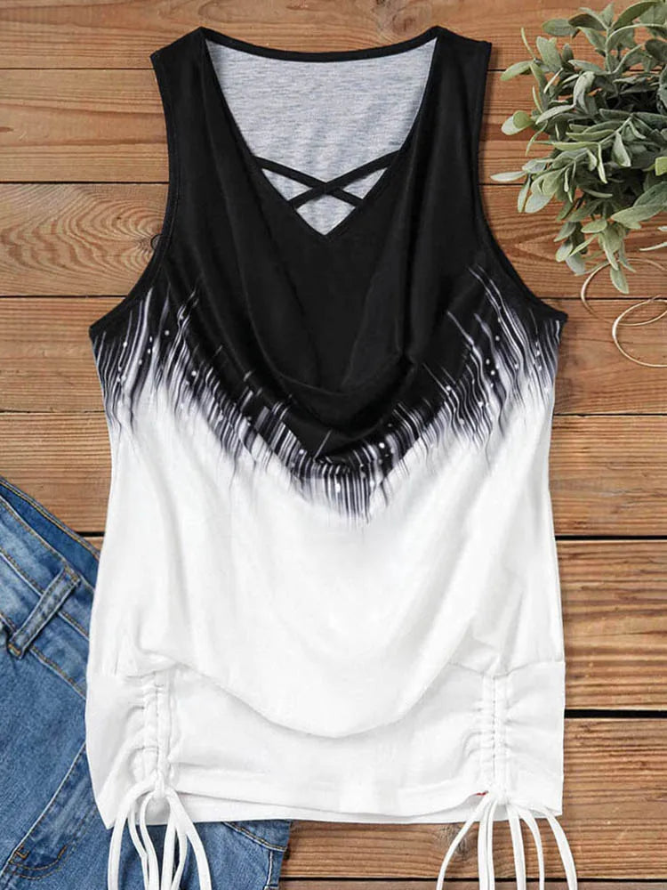 Casual Gradient Criss-Cross Draped Drawstring Tank Women V-Neck Sleeveless Slim Clothing 2023 Summer Fashion