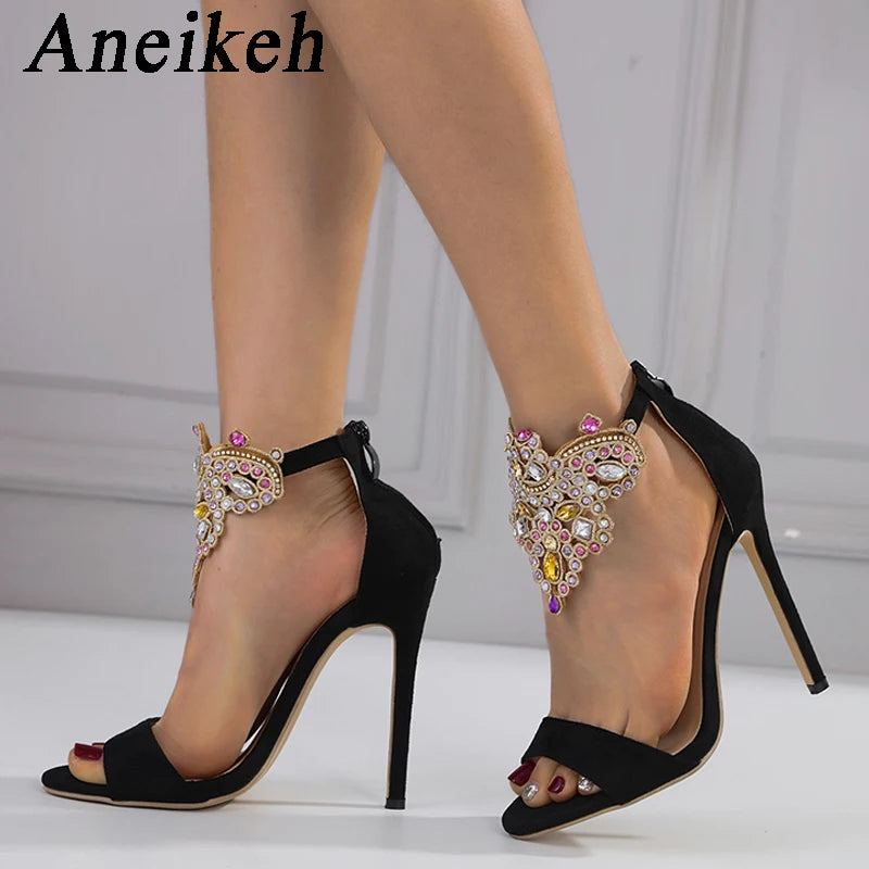 Aneikeh 2024 Elegant Classic  Rhinestone Decoration High Heels Women's Pointed Open Toe Cover Heel Zipper Sandals Party Dress