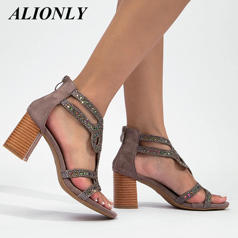 Alionly Women's High-Heeled Sandals 2024 Summer New Fashion Thick Heel Versatile Rhinestone Fashion Roman Shoes