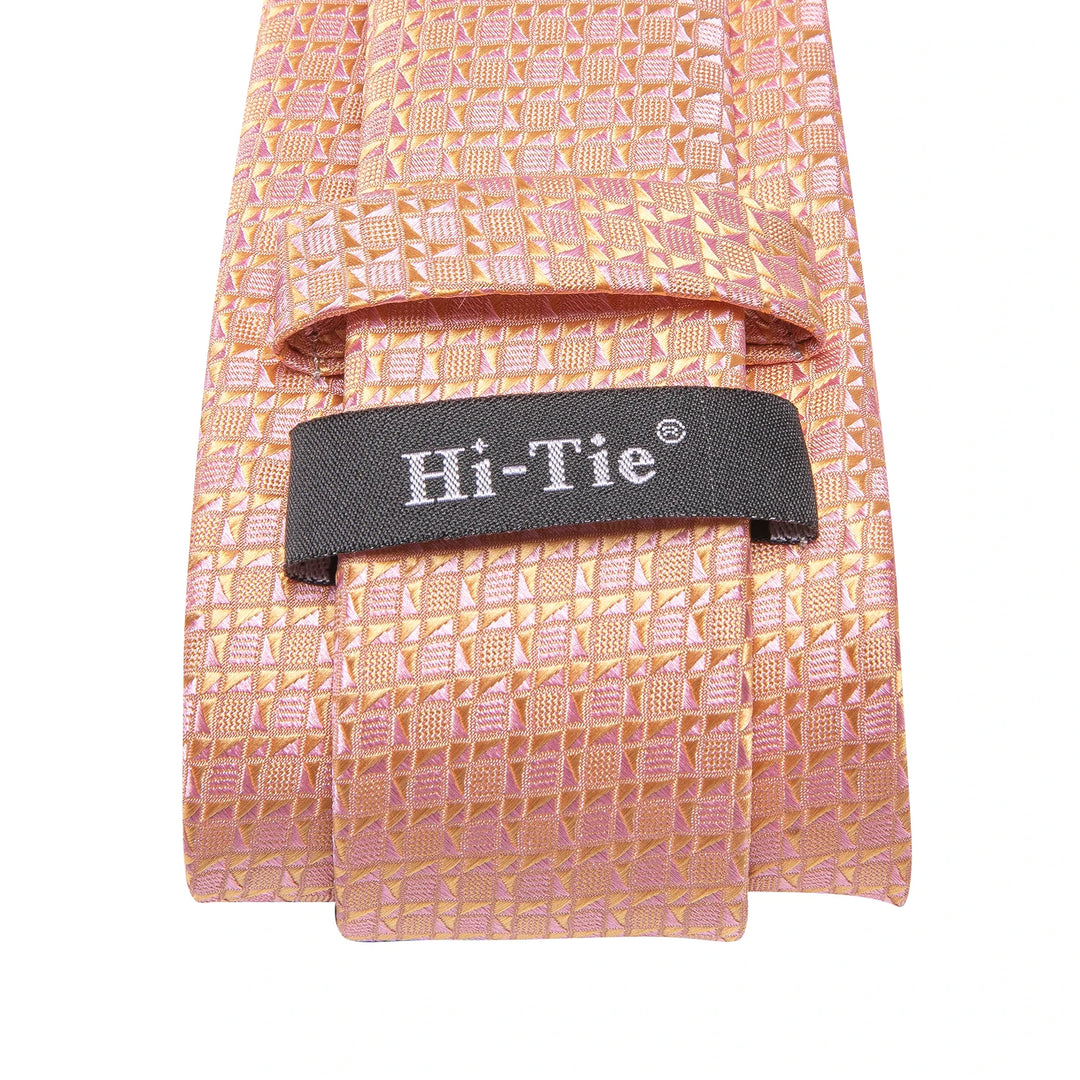 Hi-Tie Designer Plaid Orange Elegant Men Tie Jacquard Necktie Accessory Cravat Wedding Business Party Hanky Cufflink