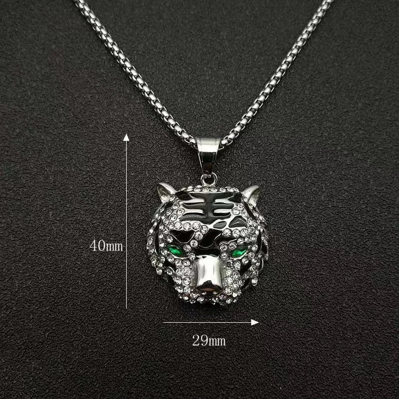 ULJ HIPHOP Jewelry Stainless Steel Color-Preserving NO Rust Gold-plated Rhinestone Tiger Head Pendant Necklace