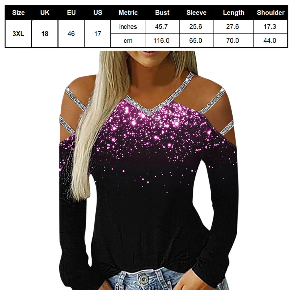 Daily Fashion Office Women Blouse Spring Summer Long Sleeve Loose Cold Shoulder Soft V Neck Pullover Gift Casual Rhinestone Sexy