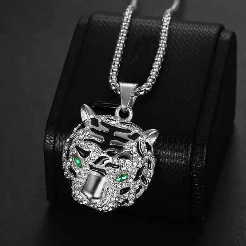 ULJ HIPHOP Jewelry Stainless Steel Color-Preserving NO Rust Gold-plated Rhinestone Tiger Head Pendant Necklace