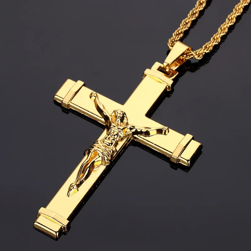 High quality 24K Gold Plated Jesus Christ Cross Pendant Hip hop Rap Golden Crucifixio Cuban Chain Necklace Men Jewelry