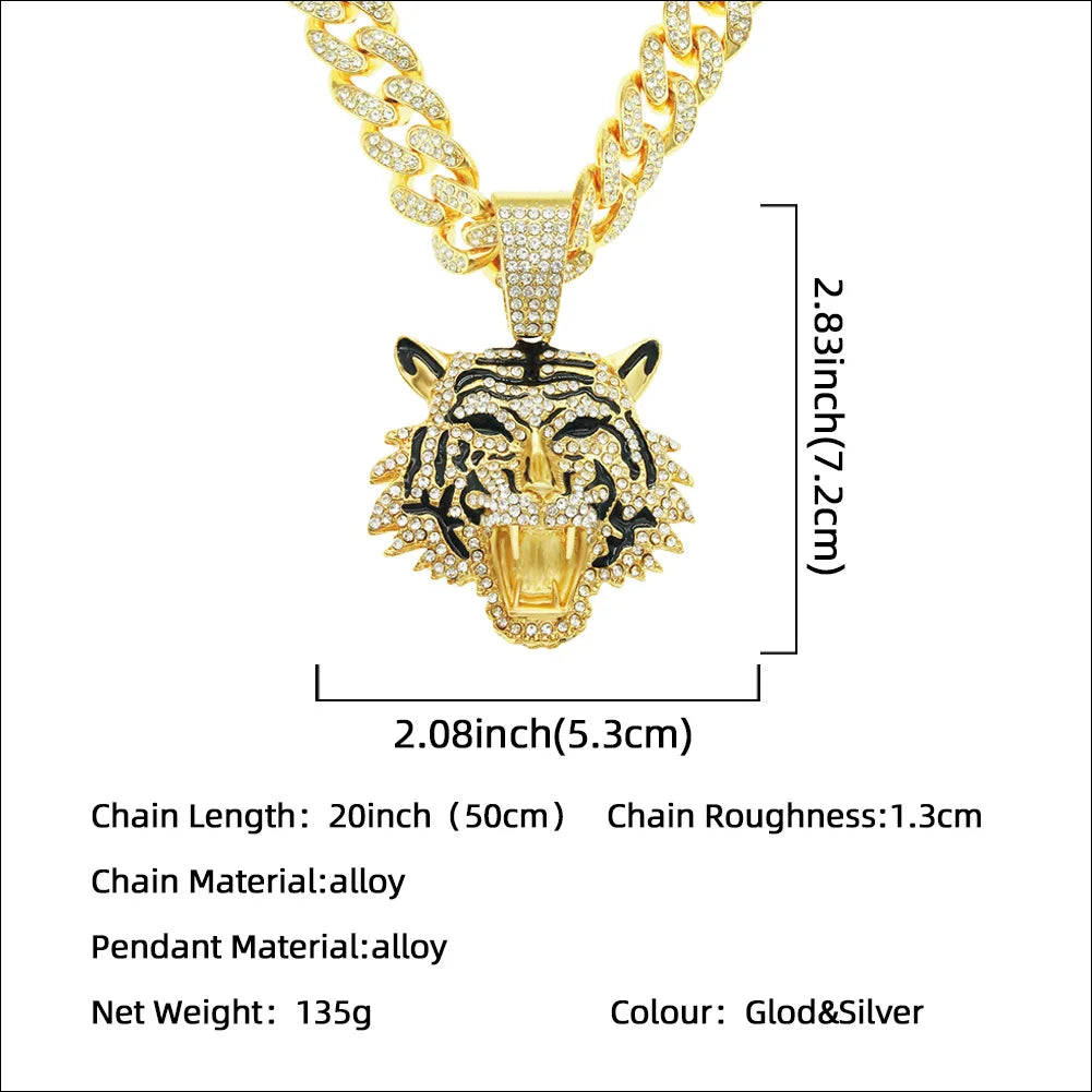 ULJ Men Hip Hop Tiger Head Pendant Necklace with 12mm Miami Cuban Chain Iced Out Bling Male Jewelry