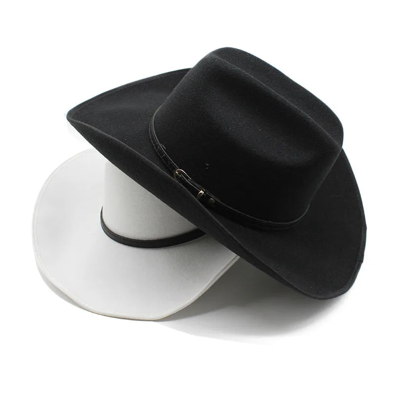 Retro Simple Leather Belt Imitation Cashmere Women Men Large Wide Brim Yellowstone Cowboy Western Hat Cowgirl Cap  (56-59cm)