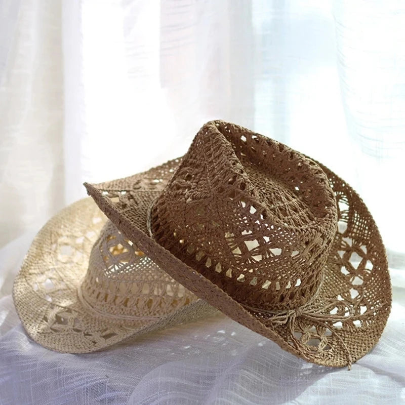 Western Crochet Cowboy Straw Hat Women Men Casual Handmade  Hollow out Cowgirl Hat Solid Color Outdoor Wide Brim Beach Cap