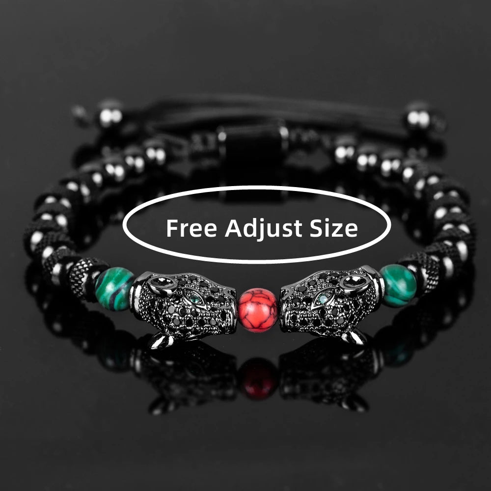 New Trend Braiding Pave CZ Double Leopard Head Enamel Green Red Bracelet Stainless Steel Men Jewelry  pulseras mujer