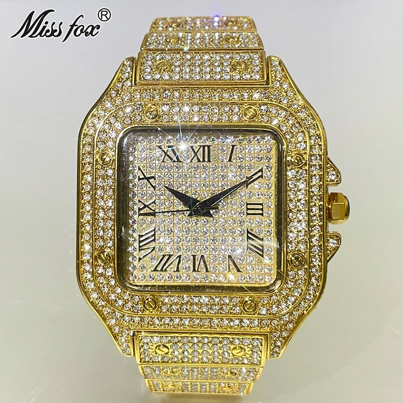 MISSFOX Luxury Gold Watch For Men Fashion Waterproof Quartz Clocks Hip Hop Iced Diamond Square Wristwatch Man Gift Free Shopping