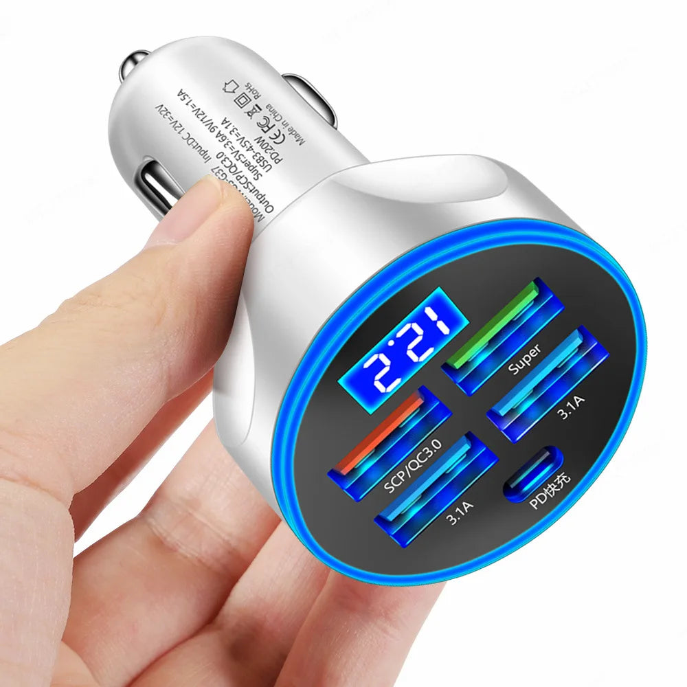 5 Ports 250W Car Charger Fast Charging PD QC3.0 USB C Car Phone Charger Type C Adapter in Car For iphone Samsung Huawei Xiaomi