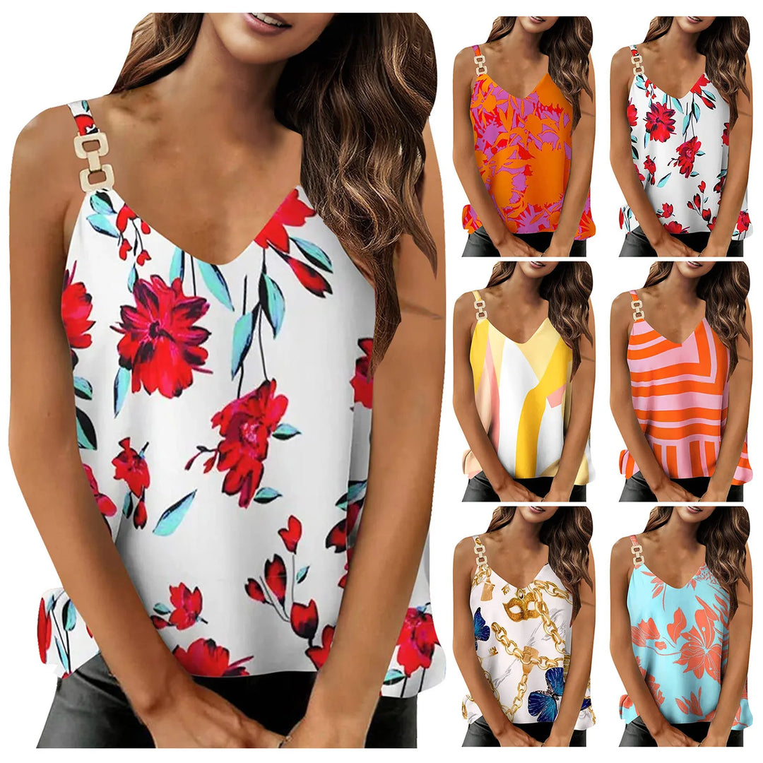 Women'S Summer Trendy Loose Fit Chain Strap Tank Tops V-Neck Camisole Sleeveless Vest With Floral Printed Women'S Cropped Y2k