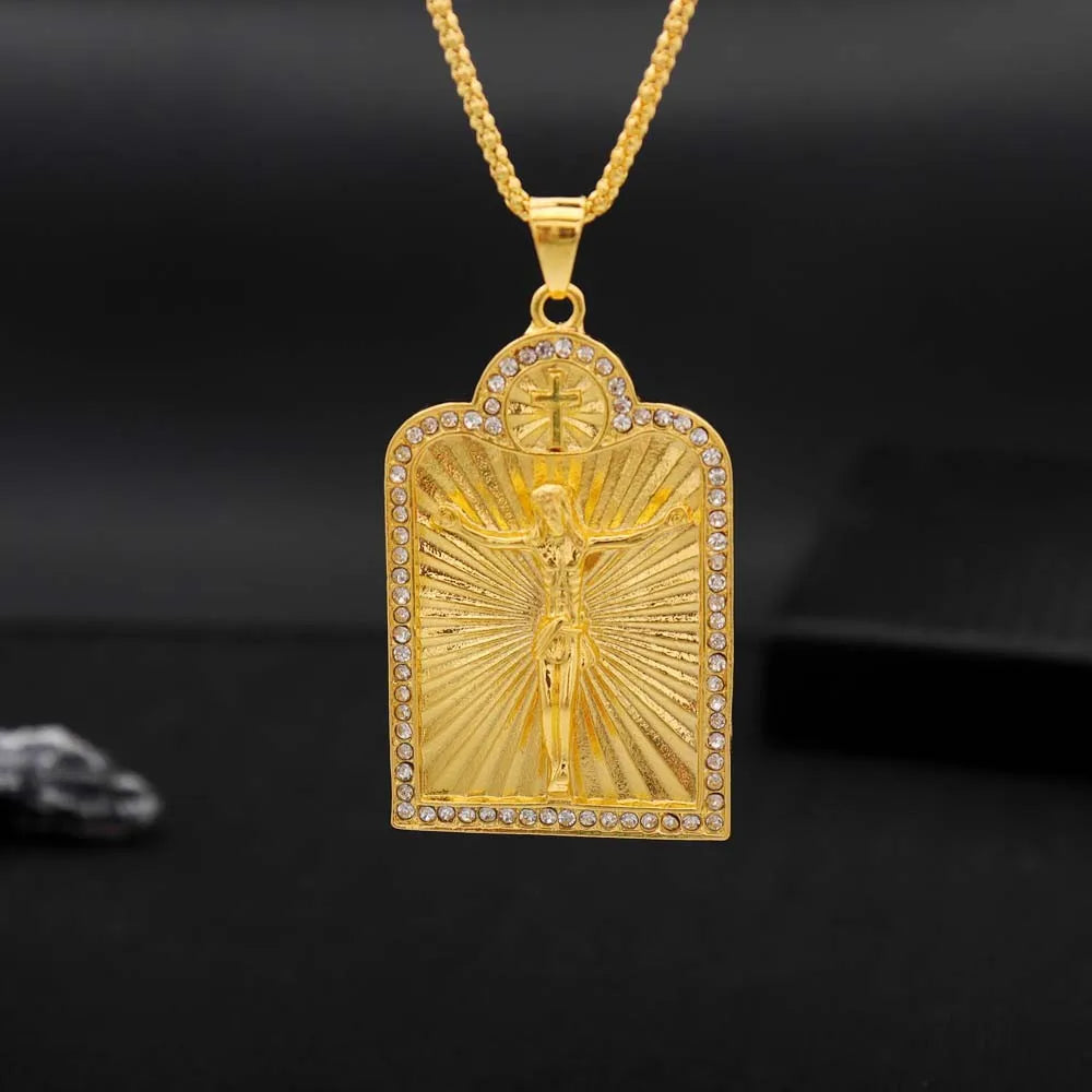 New Shiny Golden Men and Women Hip-Hop Jesus Cross Necklace Religious Pendant Necklace Banquet Party Souvenir Gift Wholesale