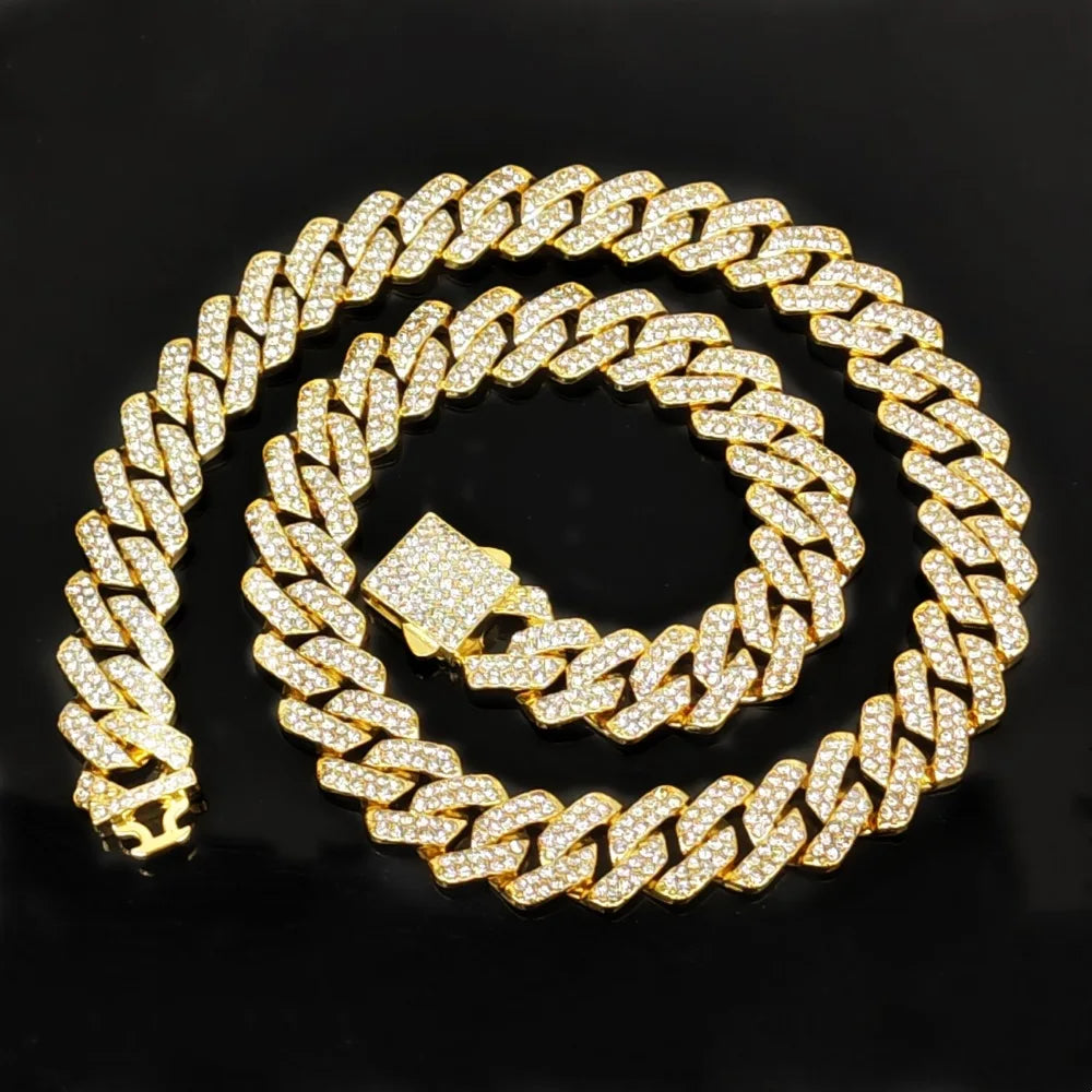 HipHop Men Women 14MM Prong Cuban Link Chain Necklace Bling Iced Out 2 Row Rhinestone Paved Miami Rhombus Cuban Bracelet Jewelry