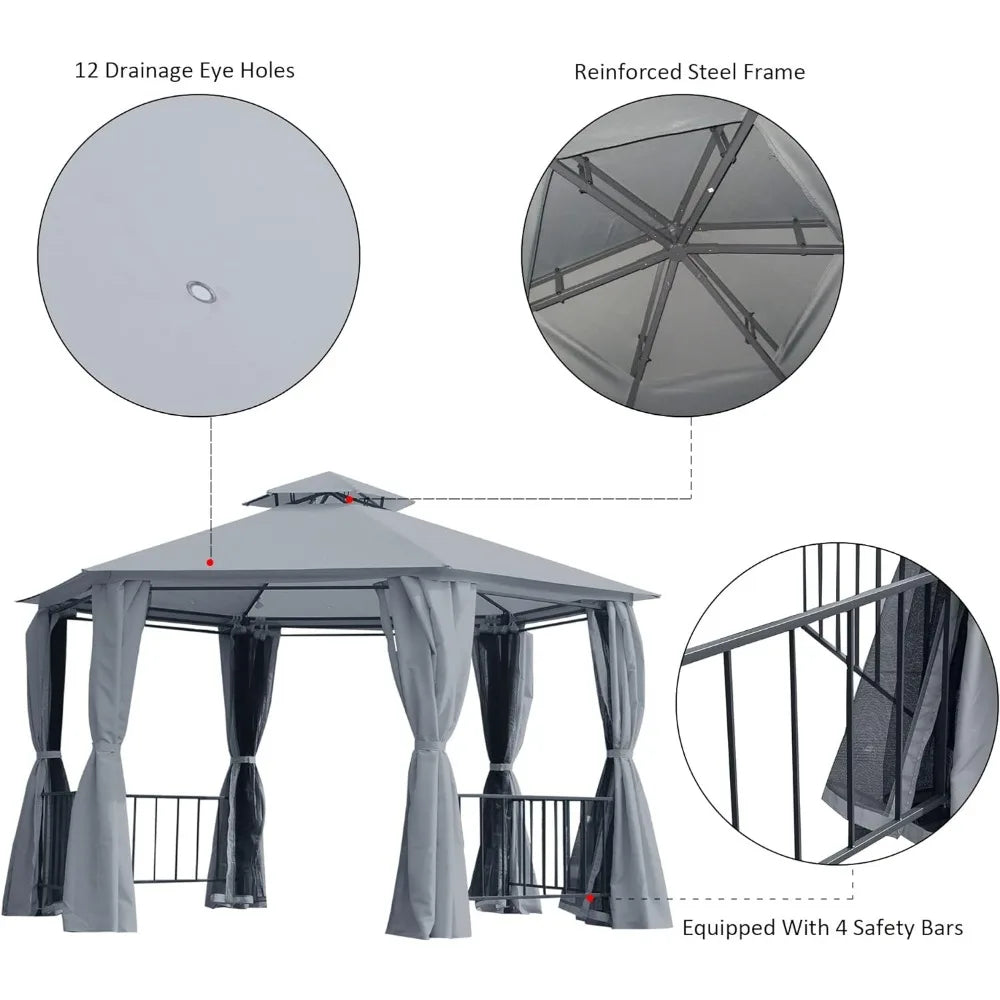 13' x 13' Patio Gazebo, Double Roof Hexagon Outdoor Gazebo Canopy Shelter with Netting & Curtains, Solid Steel Frame for Garden