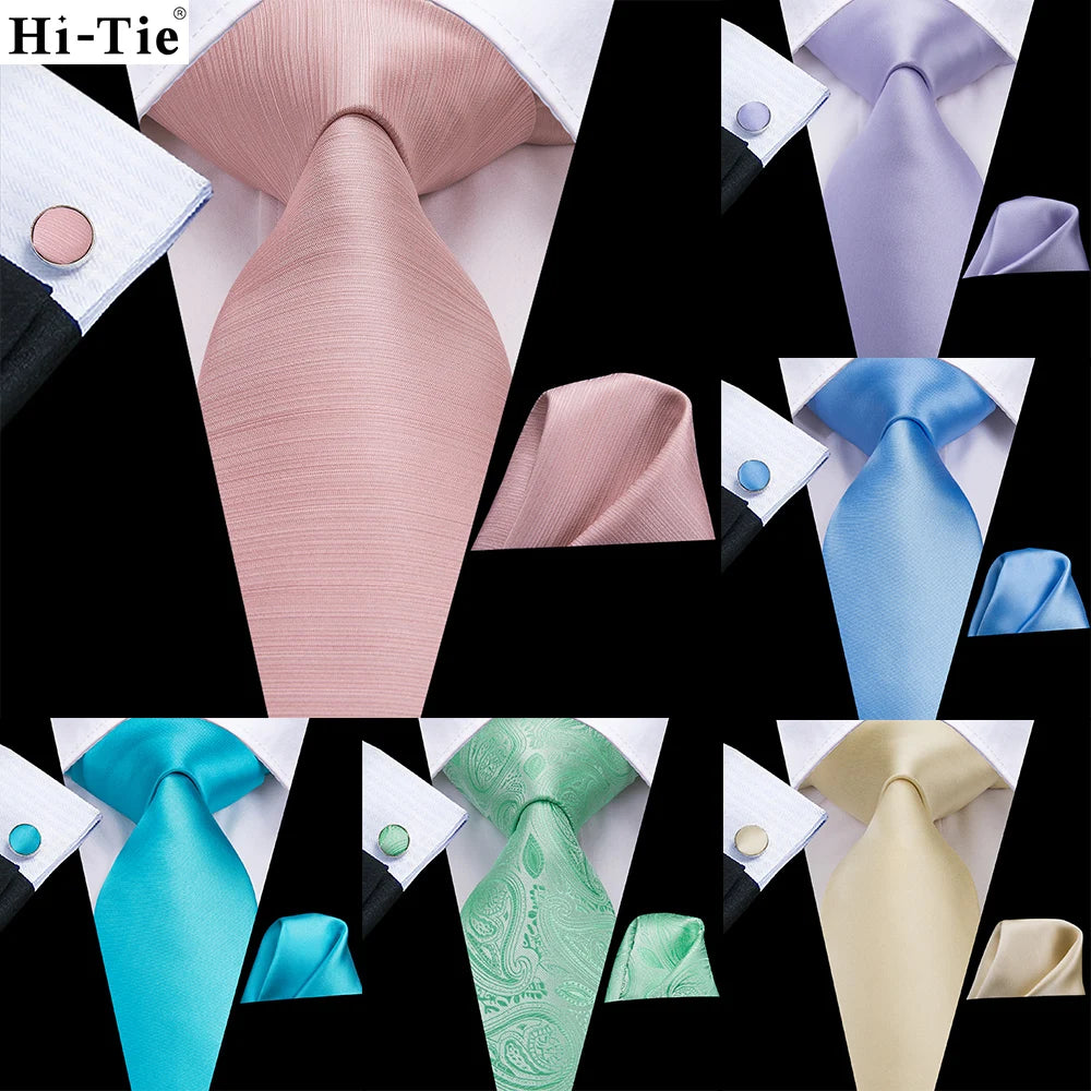 Hi-Tie Solid Peach Pink Coral Silk Wedding Tie For Men Hanky Cufflink Men Necktie Set Business Party Dropshipping Fashion Design