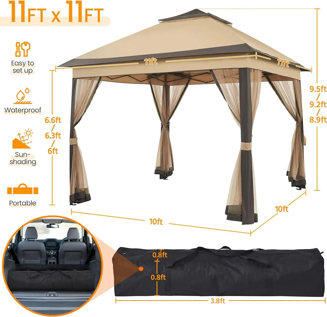 11x11 / 11x13 Gazebo Outdoor Canopy Shelter, Instant Gazebo Sun Shade Canopy Tent with 4 Sandbags, Double Tiers & Mesh Netting