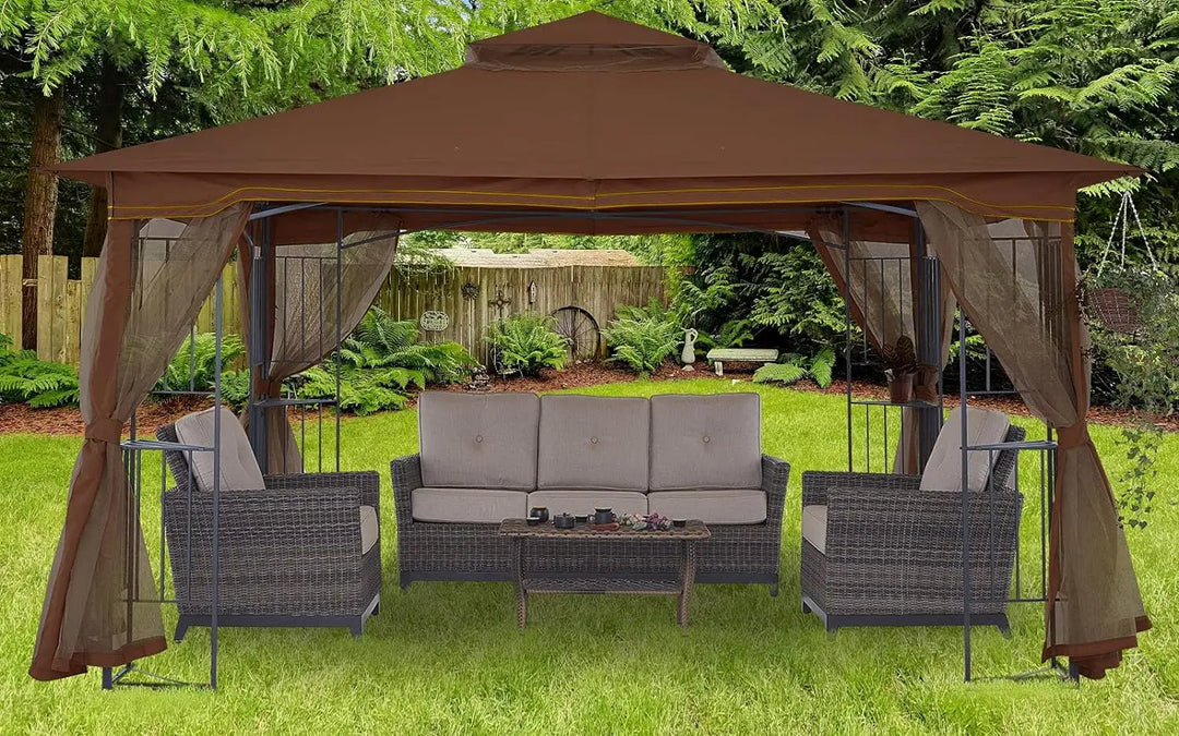 MASTERCANOPY Patio Outdoor Gazebo with Netting Screen Walls and Corner Shelf Design (11x13,Brown)