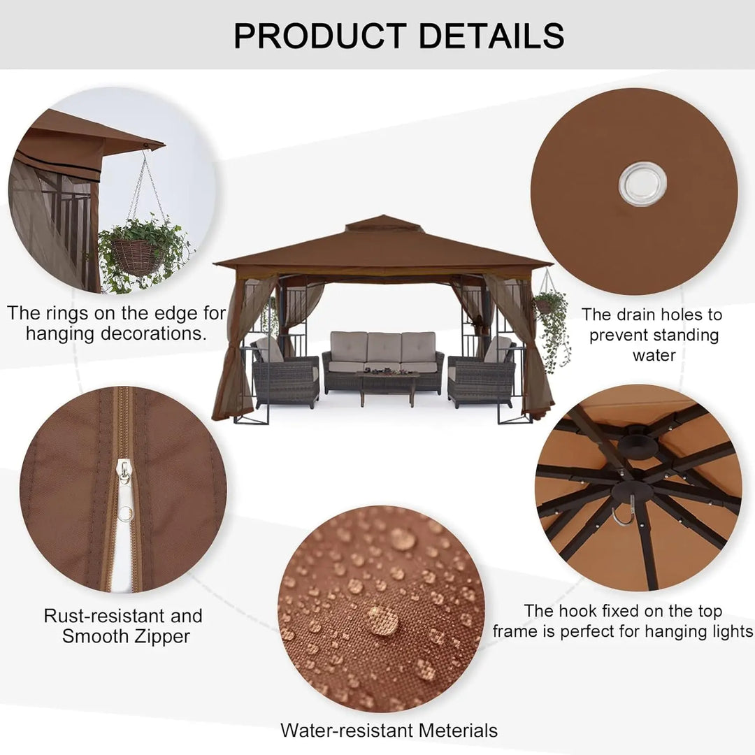 MASTERCANOPY Patio Outdoor Gazebo with Netting Screen Walls and Corner Shelf Design (11x13,Brown)