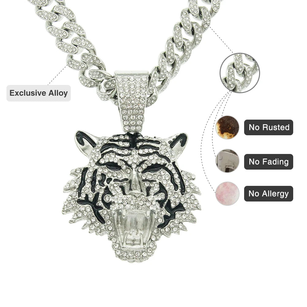 ULJ Men Hip Hop Tiger Head Pendant Necklace with 12mm Miami Cuban Chain Iced Out Bling Male Jewelry