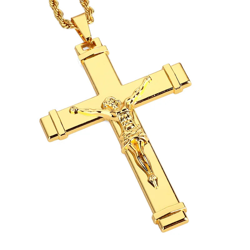 High quality 24K Gold Plated Jesus Christ Cross Pendant Hip hop Rap Golden Crucifixio Cuban Chain Necklace Men Jewelry