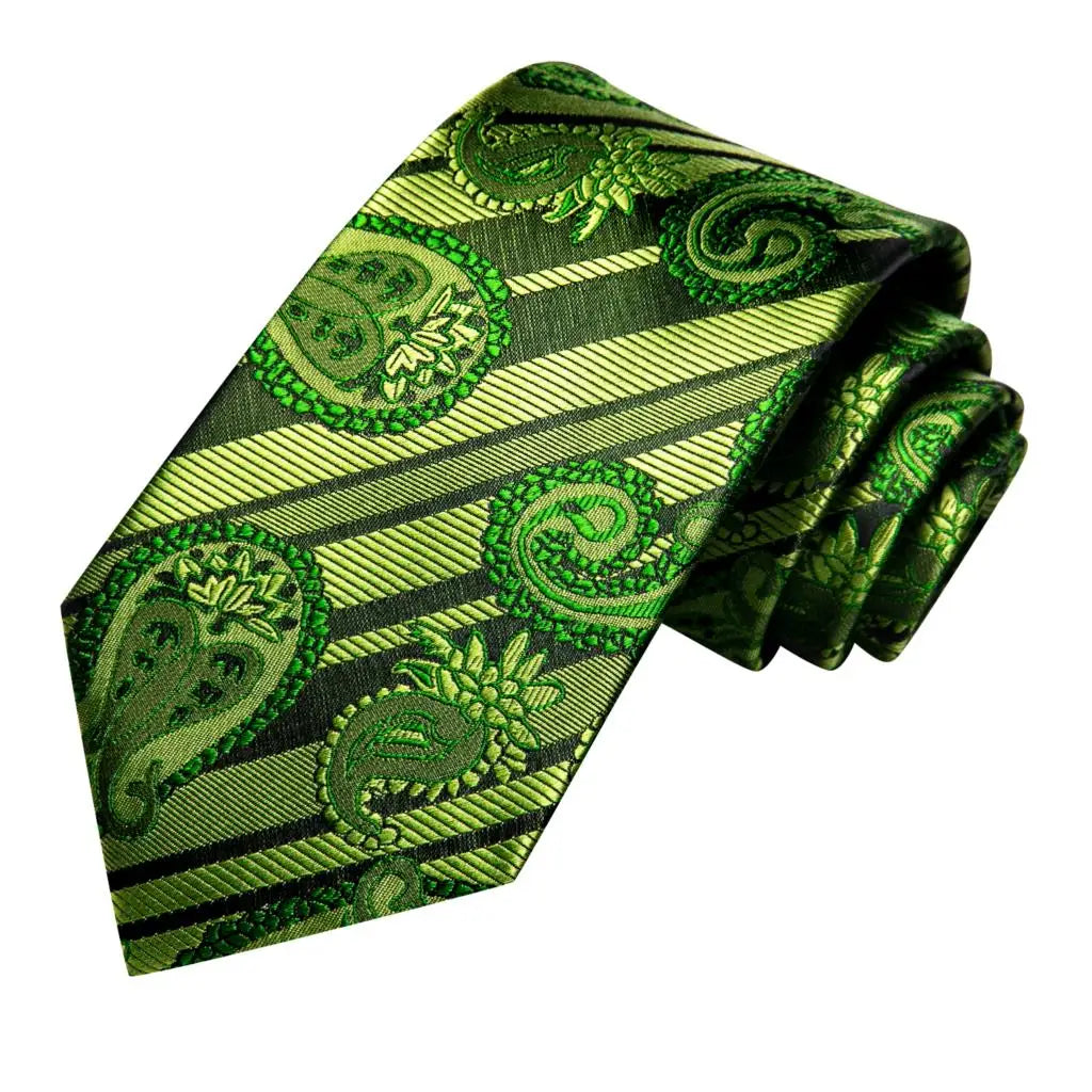 Hi-Tie Designer Striped Green Ties For Men Wedding Party Necktie Luxury Hanky Cufflinks Silk Tie Set Gift For Men Wholesale