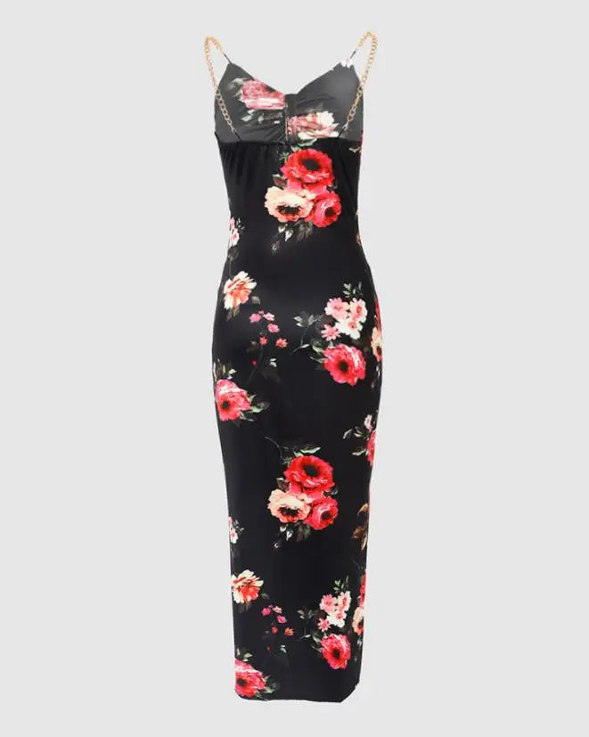 Sexy Floral Print High Slit Bodycon Dress Summer 2023 Daily Fashion Sleeveless Chain Decor Cutout Maxi Skinny Party Dresses