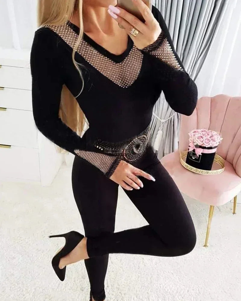 Women Rhinestone Decor Hollow Out Top V Neck Long Sleeve Sexy Skinny Long Sleeve Black See Through Blouse Pullover T-Shirts 2023