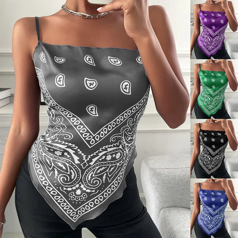 Spice Girls Sexy Multi-Colored Summer Plus-Size Sleeveless Vest With Bow And Paisley Print Silk Handkerchief Style Design