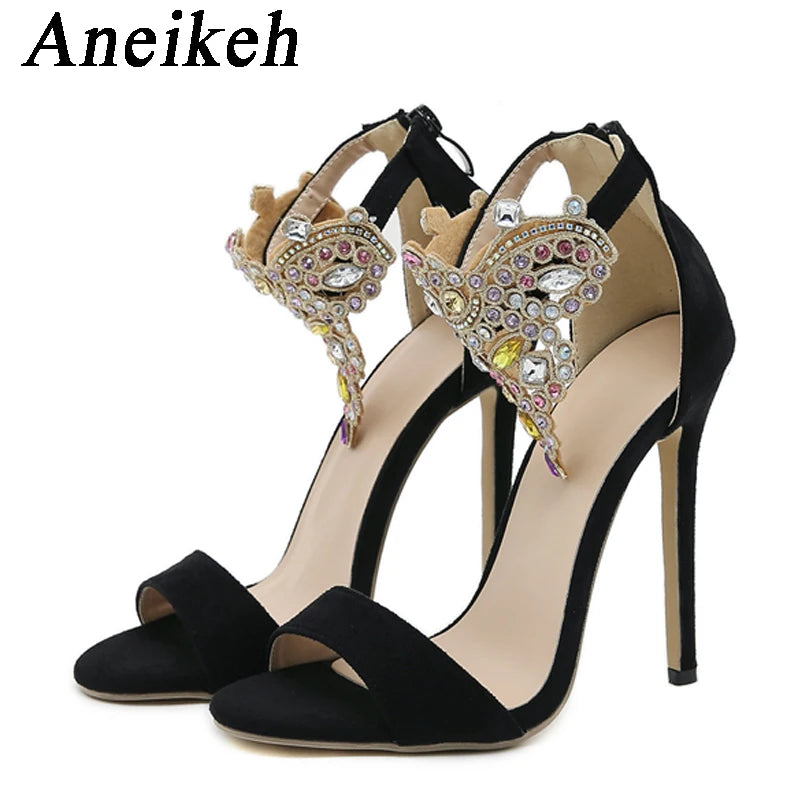 Aneikeh 2024 Elegant Classic  Rhinestone Decoration High Heels Women's Pointed Open Toe Cover Heel Zipper Sandals Party Dress