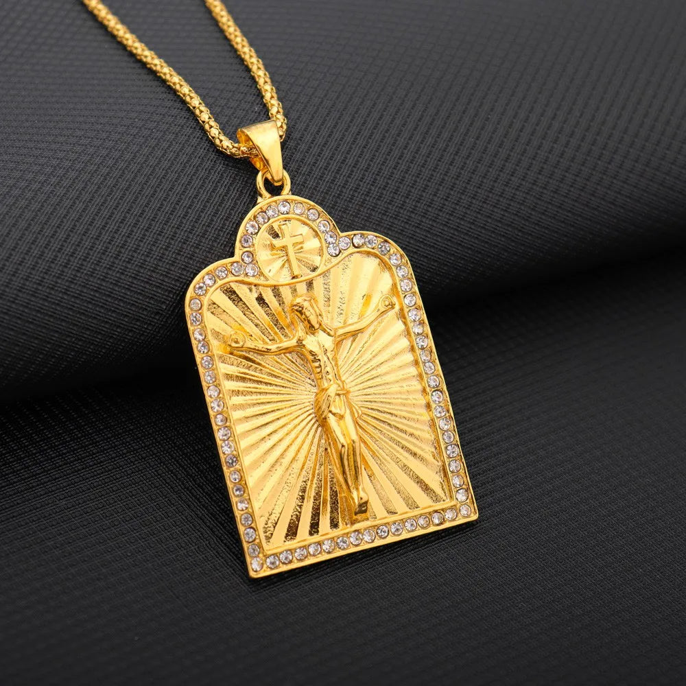 New Shiny Golden Men and Women Hip-Hop Jesus Cross Necklace Religious Pendant Necklace Banquet Party Souvenir Gift Wholesale