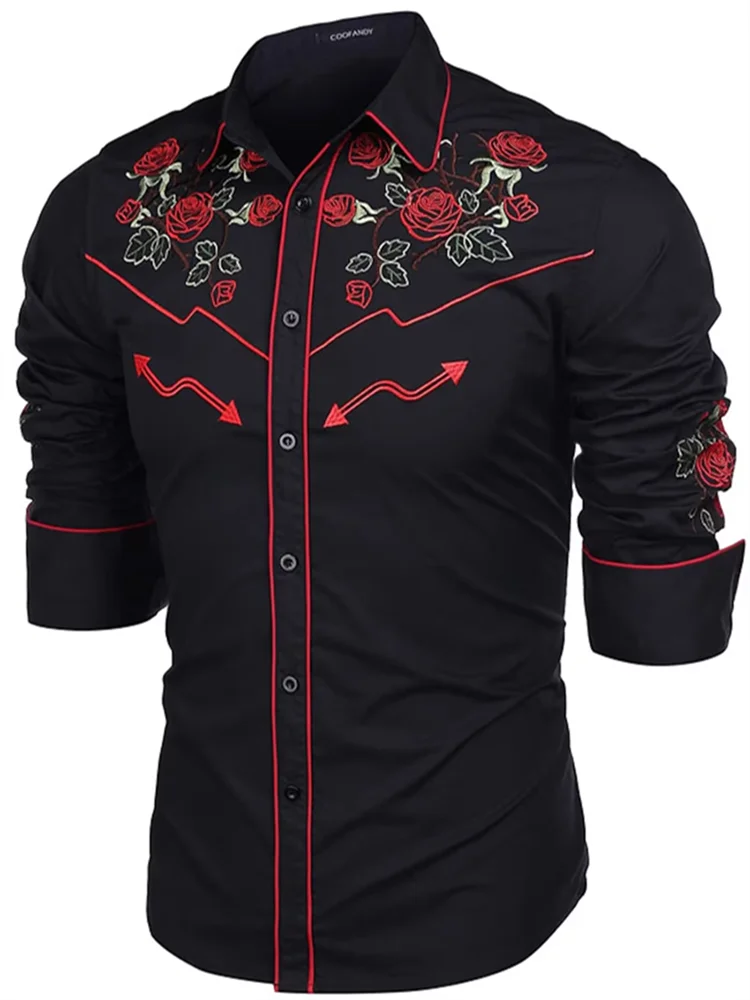 2023 New Men's Shirt Western Shirt Floral Print Lapel Street Long Sleeve Button Clothing Fashion Street Designer Western Style