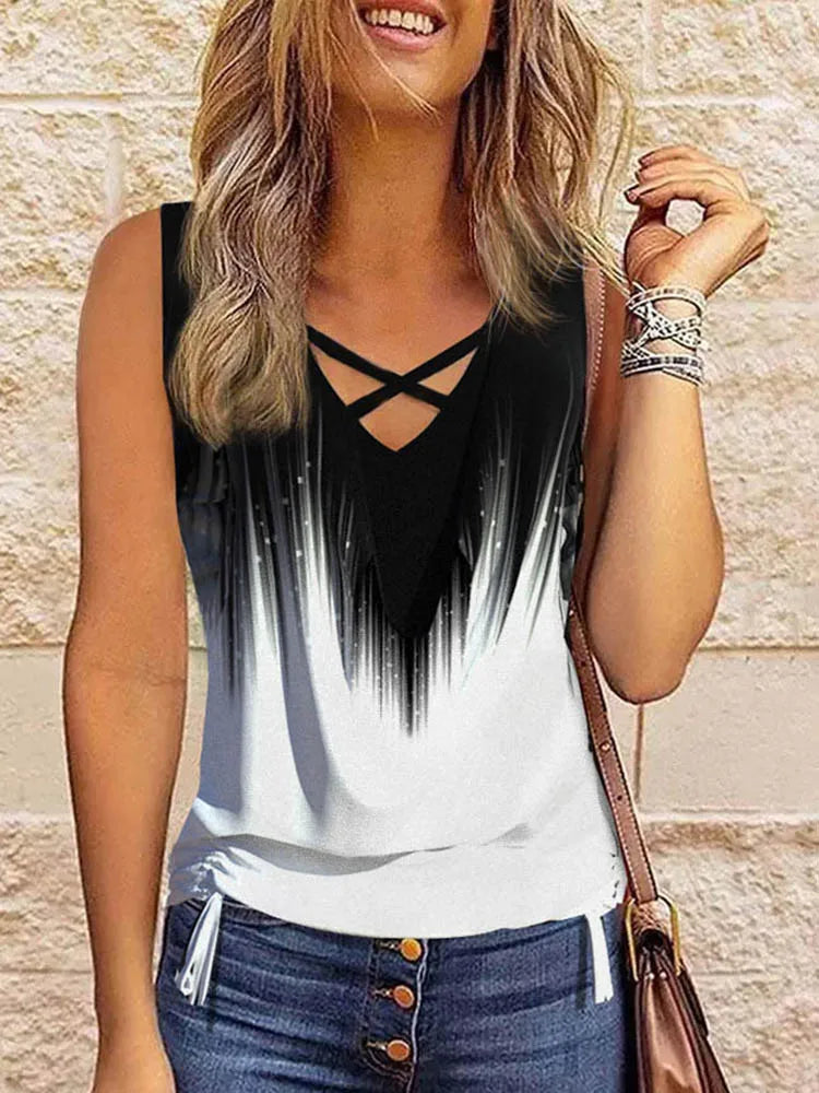 Casual Gradient Criss-Cross Draped Drawstring Tank Women V-Neck Sleeveless Slim Clothing 2023 Summer Fashion