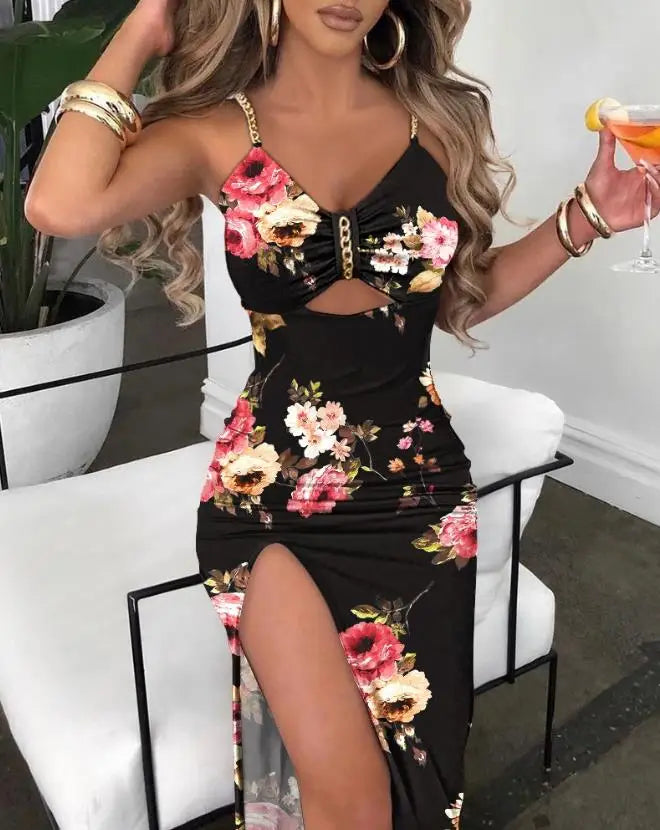 Sexy Floral Print High Slit Bodycon Dress Summer 2023 Daily Fashion Sleeveless Chain Decor Cutout Maxi Skinny Party Dresses