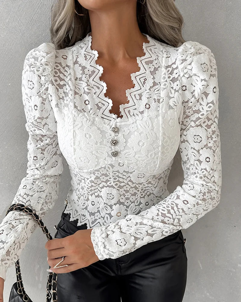 Crochet Lace Trim Top Women Asymmetrical Lace Hollow Out Shirts Button Splice Y2k Tops Straight T Shirt Casual Work Autumn 2023