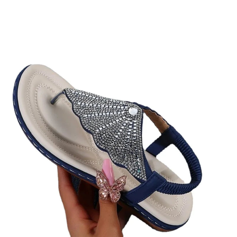 New Bohemian Style Women Casual Summer Beach Sandals Rhinestone Decor Clip Toe Lady Flat Beach Gladator Sandals Size 35-43