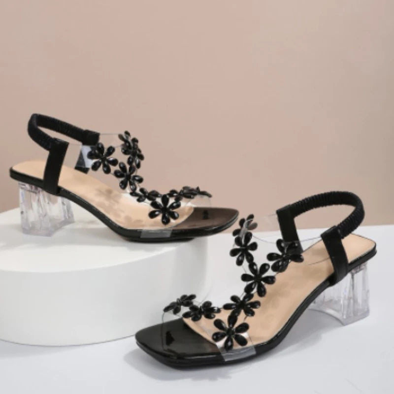 Women's Faux Rhinestone Floral Decor Chunky Heeled Sandals Summer New Transparent T-strap Ladies Sandals Clear Heel Party Heels