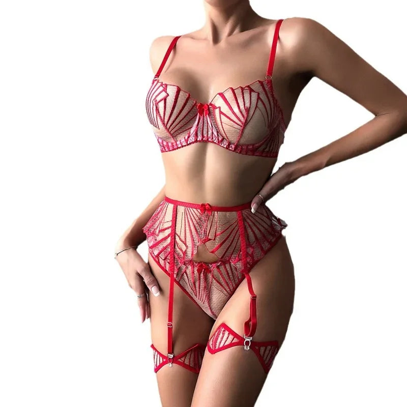 Bikini Fashion Embroidery Geometric Stripes Embroidery Stitching Sexy Semi See-through Sexy Lingerie Four-Piece Set