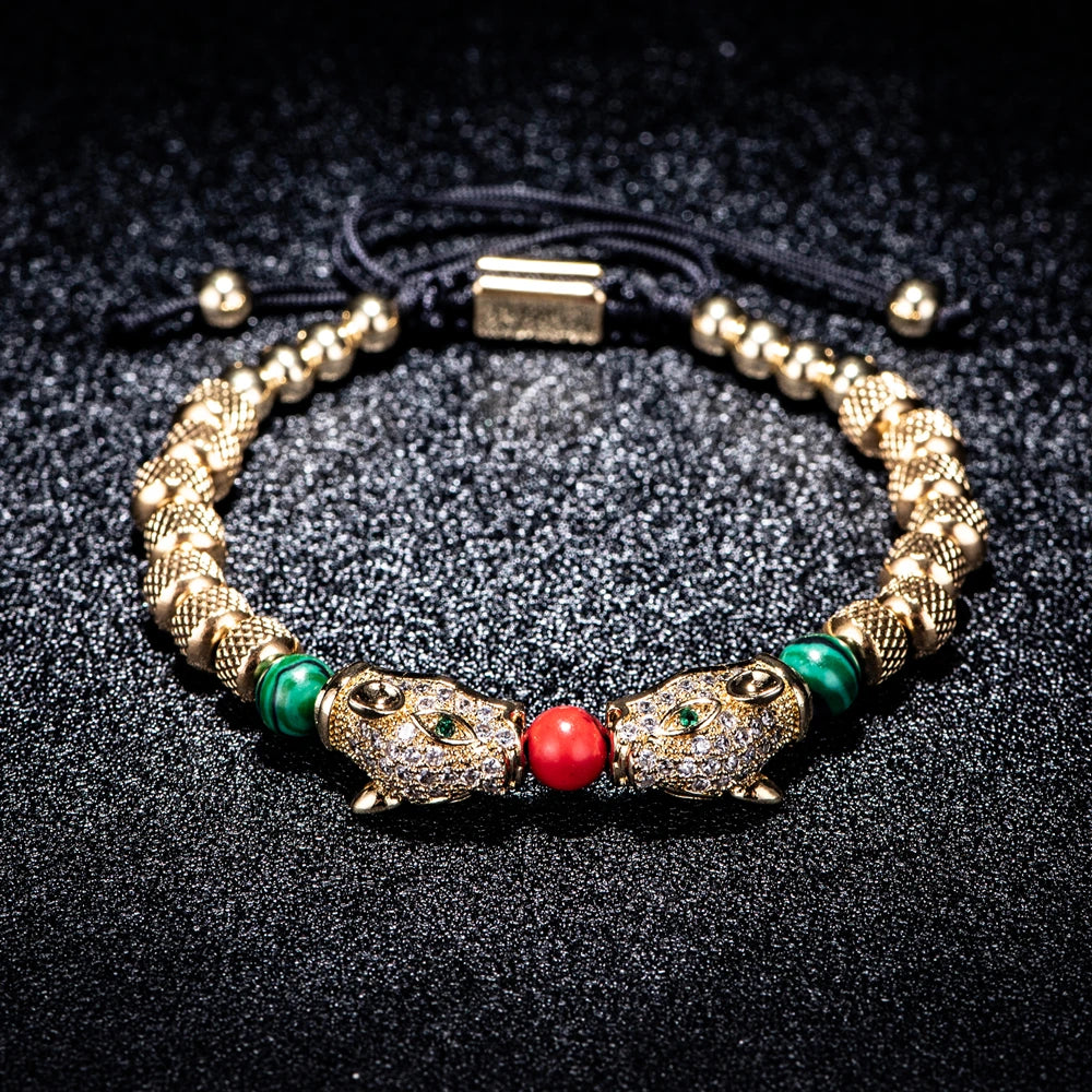 New Trend Braiding Pave CZ Double Leopard Head Enamel Green Red Bracelet Stainless Steel Men Jewelry  pulseras mujer