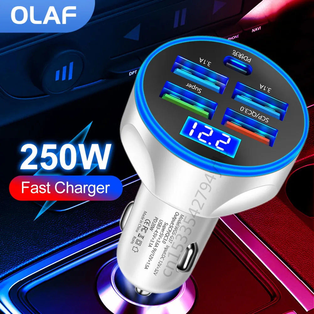 5 Ports 250W Car Charger Fast Charging PD QC3.0 USB C Car Phone Charger Type C Adapter in Car For iphone Samsung Huawei Xiaomi