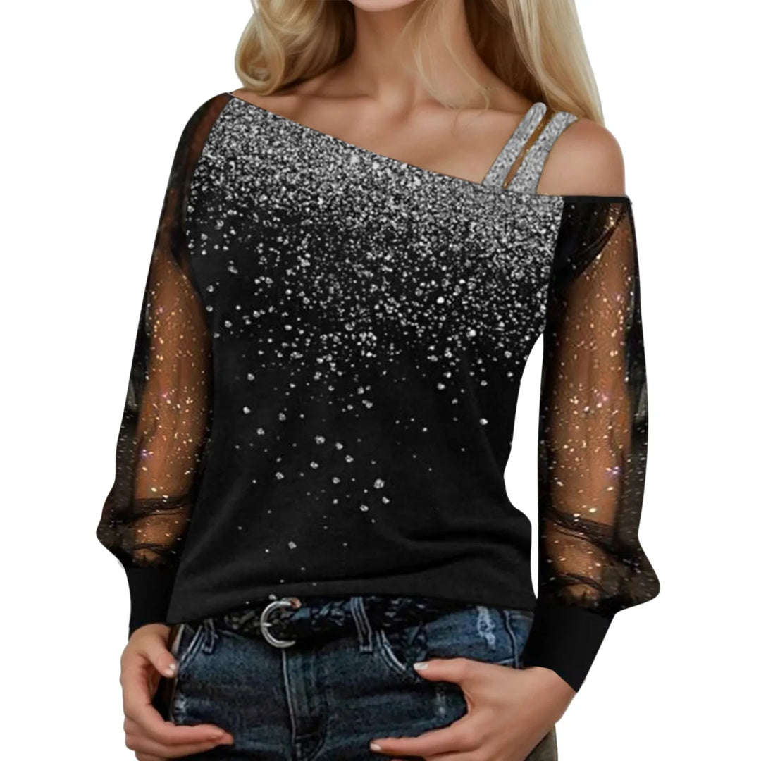 Tee Shirt Women Graphic Sleeve Mesh Cold Tops Loose Shoulder Sequin T Shirt Casual Long Print Womens Camp Shirts Short Sleeve